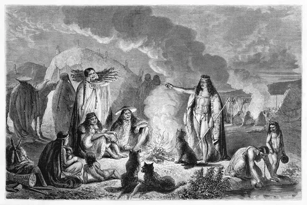 Ameryka Południowa ludzi wokół ognia w nocy. Czarno-biały ilustracja stary — Zdjęcie stockowe