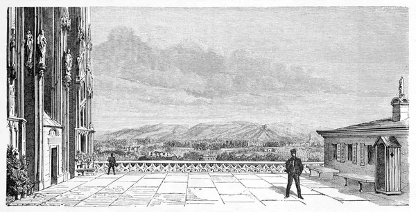 External view Strasbourg cathedral platform and hills. Black and white vintage illustration