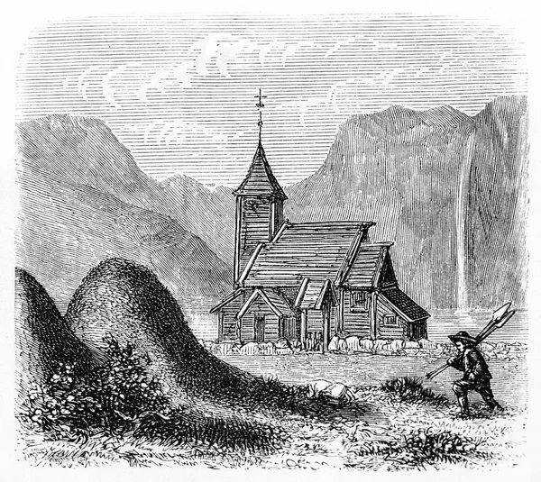 Vangsnaes stave church, Noorwegen. Vintage illustratie. — Stockfoto