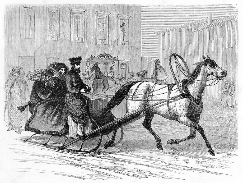 sleigh rider in Saint Petersburg. Vintage illustration