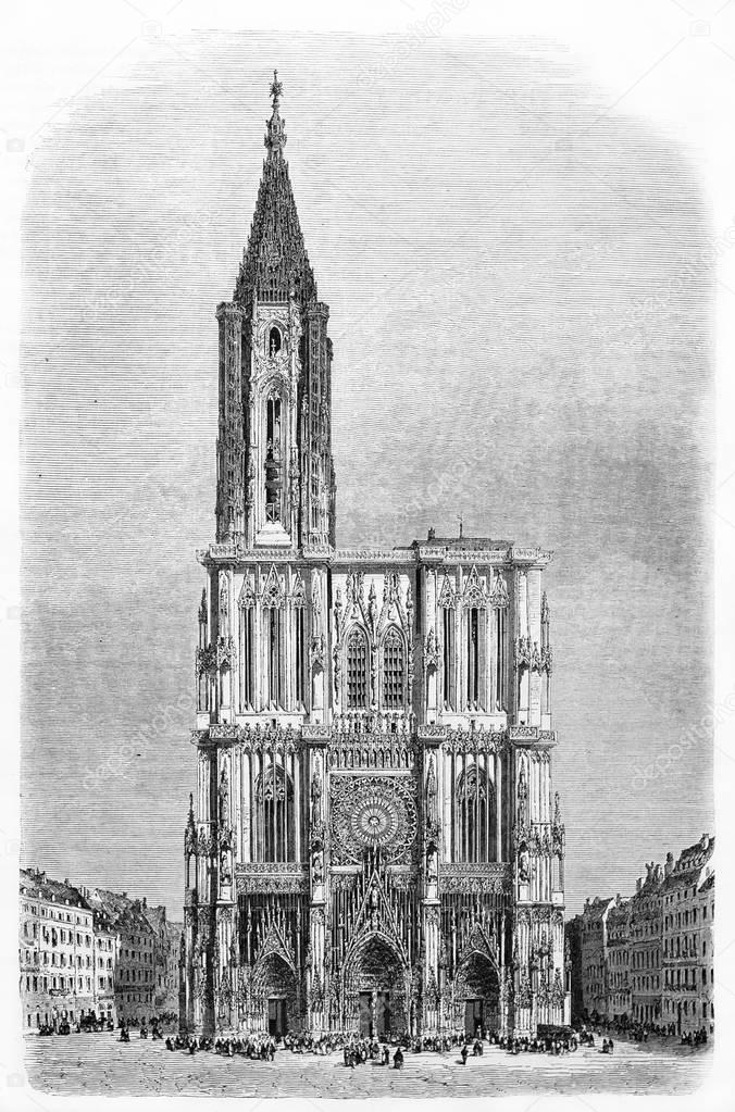 Strasbourg cathedral facade. Front view. Black and white vintage illustration.