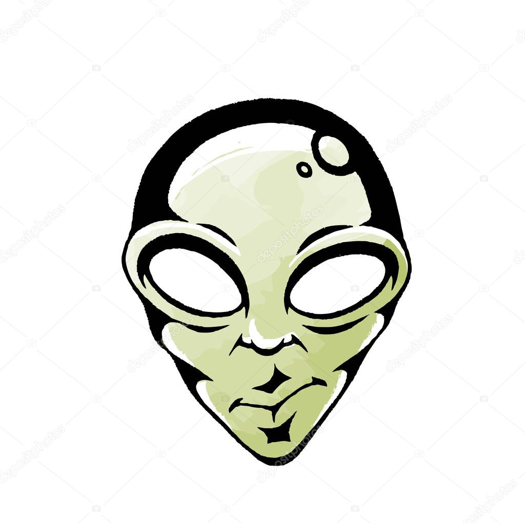 Vector Illustration of a Scratchboard Style Ink and Watercolor Drawing of a Green Alien Face