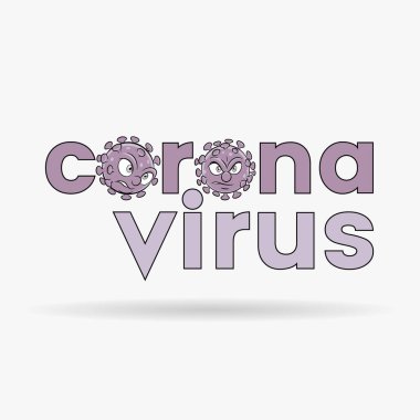 Coronavirus Karikatür Başları ve Siyah Çizgili Mor Küçük Harfler