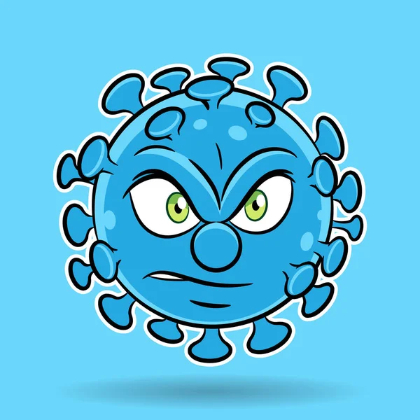Illustration Cartoon Angry Blue Coronavirus Blå Bakgrund — Stock vektor