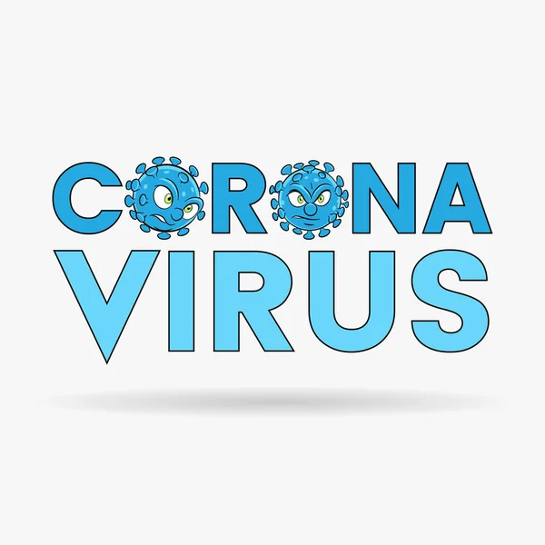 Illustrazione Delle Teste Dei Cartoni Animati Coronavirus Lettere Maiuscole Blu — Vettoriale Stock