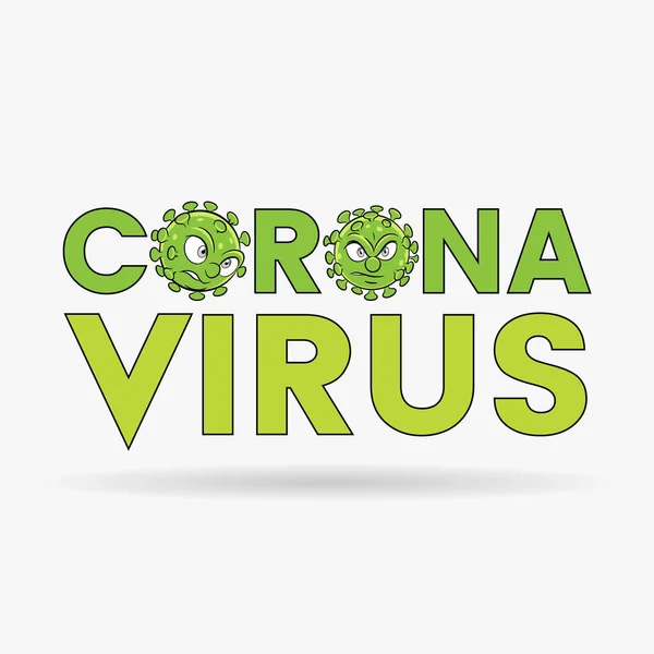 Illustrazione Delle Teste Dei Cartoni Animati Coronavirus Lettere Maiuscole Verdi — Vettoriale Stock