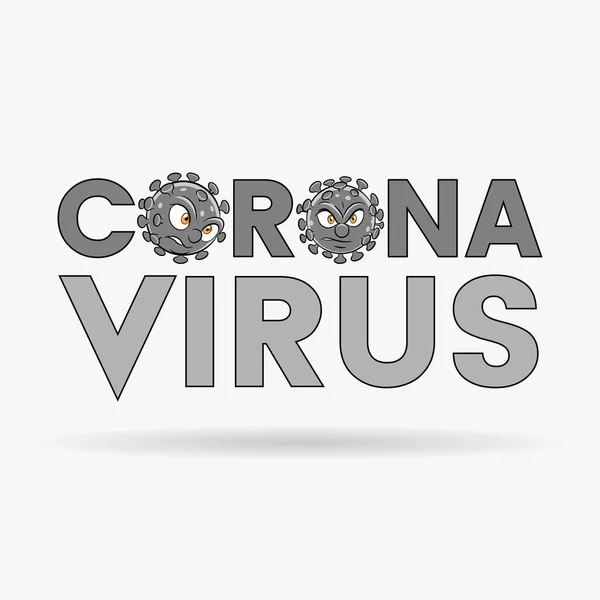 Illustrazione Delle Teste Dei Cartoni Animati Coronavirus Lettere Maiuscole Grigie — Vettoriale Stock