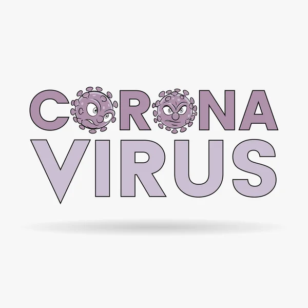 Illustration Coronavirus Cartoon Heads Purple Upper Case Letters Black Outlines — Stock Vector