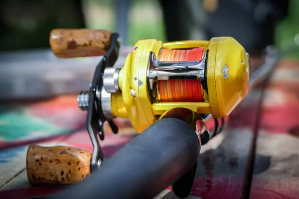 Çubuk ve Baitcasting Reel bir tahta üzerinde