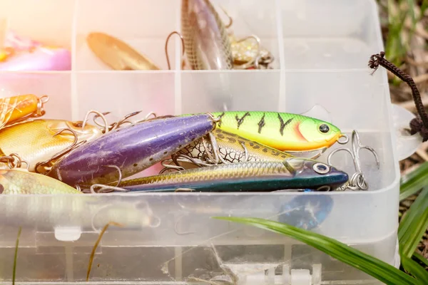 Fishing lures on the wood table — Stock Photo, Image