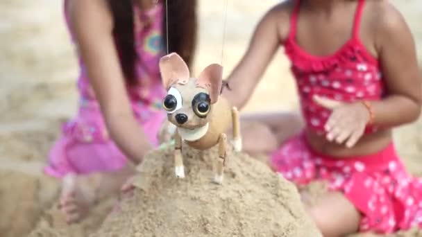 Сестра Сестра Играют Пляже Куклой Чихуахуа — стоковое видео