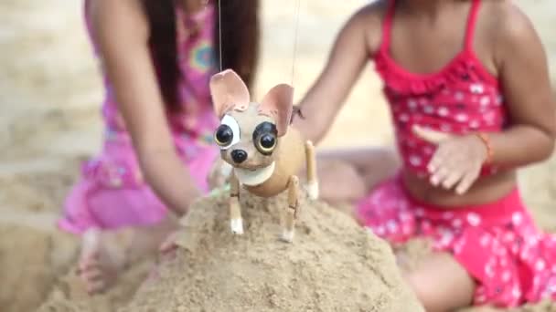 Irmã Irmã Estão Brincando Praia Com Fantoche Chihuahua — Vídeo de Stock