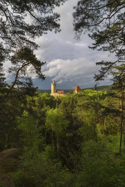 Över Kokorin Slott Inställningssolen Stiger Ovanför Ett Snår Träd Stockbild