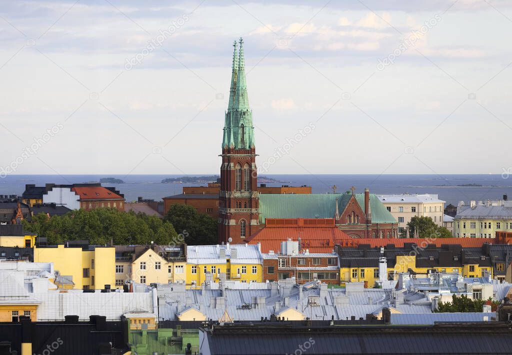Suomenlinna, Finland- View of St. John's Church in the center of Helsinki against the backdrop of the open sea and many Islands
