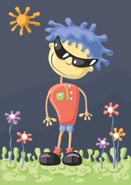 Güneş gözlüklü utangaç ergen güneşli bir günde çiçeklerle çimlerin üzerinde dikiliyor.