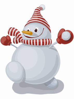 Çizgili şapkalı, atkılı, parlak çizgili komik kardan adam çizgi filmi. Kardan Adam bir kartopu atmak üzere. Beyaz arkaplanda izole