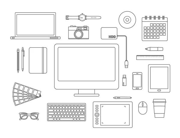 Graphiste articles et outils ligne icône ensemble — Image vectorielle