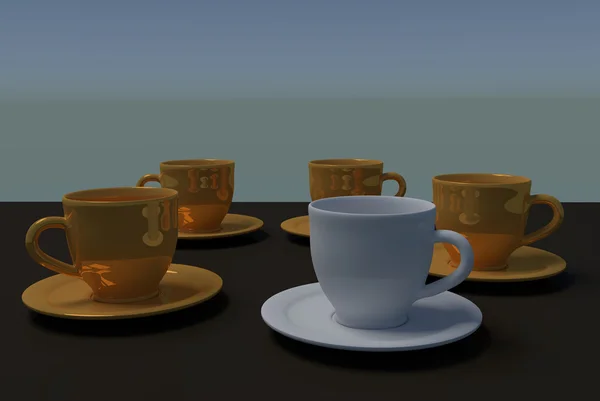 Quatre tasses à café dorées et une seule tasse à café blanche — Photo