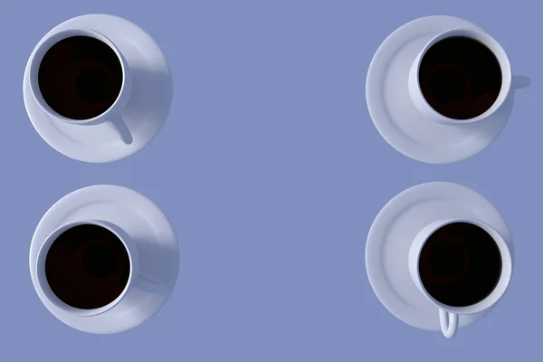 Vier witte koffie kopjes licht blauwe achtergrond — Stockfoto