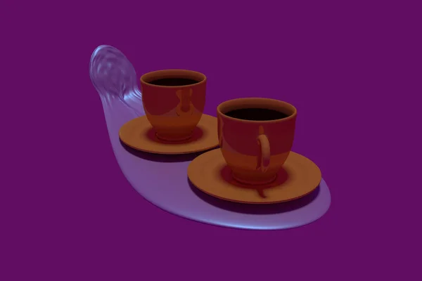3D-illustratie van twee gouden koffie kopjes op een bord — Stockfoto