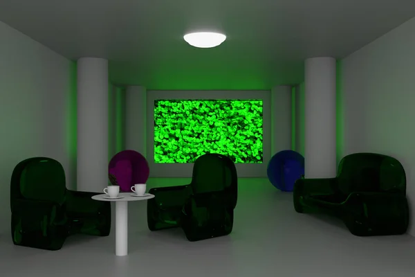 Representación 3D de una habitación futurista con dos tazas de café — Foto de Stock