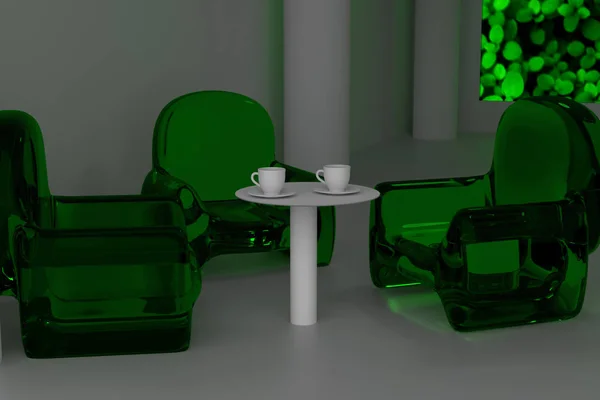 Representación 3D de una sala futurista con dos tazas de café y una imagen del mundo real — Foto de Stock