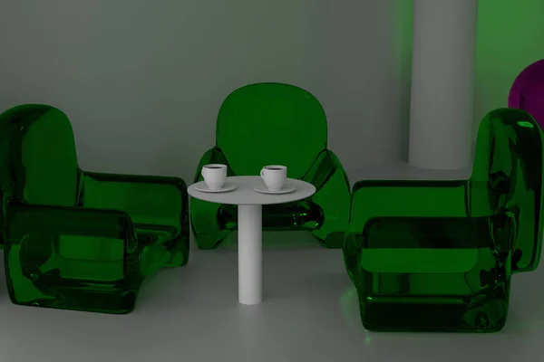 futuristic room with two coffee cups