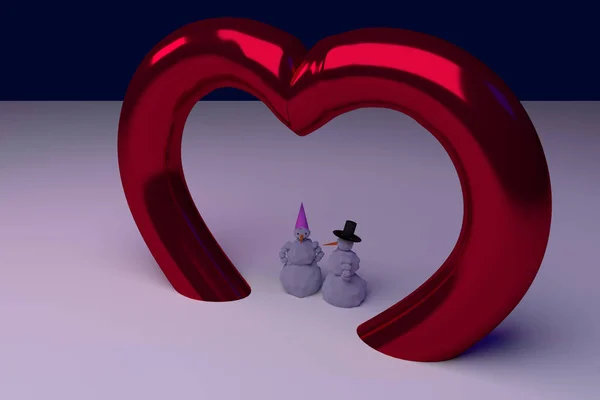 3D рендеринг снеговика и его подруги и некоторых глянцевых красных сердец: большая любовь — стоковое фото