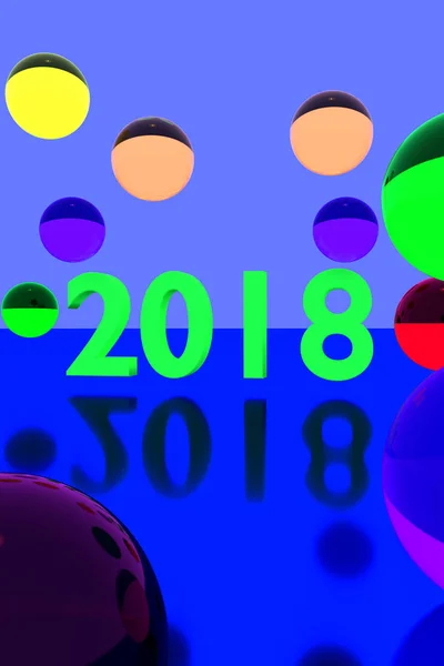 3D rendering of colorful glass balls on reflective surface and the year 2018 — Stock Photo, Image