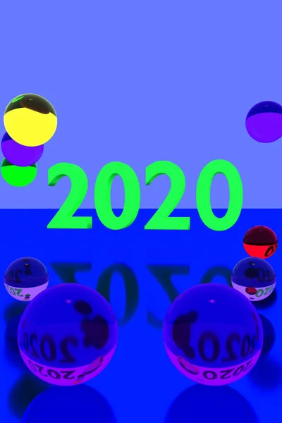 Representación 3D de bolas de vidrio de colores en la superficie reflectante y el año 2020 — Foto de Stock