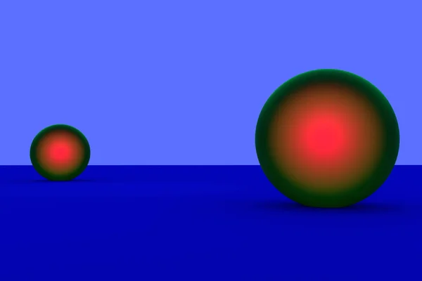 Las esferas verdes - que brillan rojizas - sobre la superficie azul —  Fotos de Stock