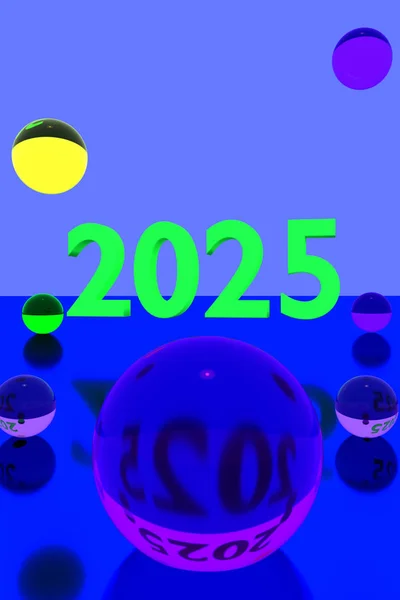प्रतिबिंबित पृष्ठभागावर रंगीत काचेच्या चेंडू आणि वर्ष 2025 — स्टॉक फोटो, इमेज