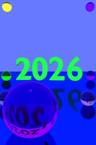 colorful glass balls on reflective surface and the year 2026