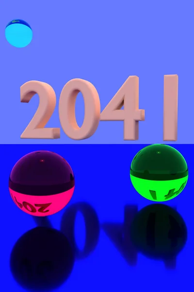 Representación 3D de bolas de vidrio de colores en la superficie reflectante y el año 2041 — Foto de Stock