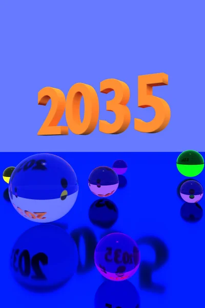 3D рендеринг разноцветных стеклянных шаров на отражающей поверхности и 2035 год — стоковое фото
