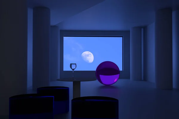 Futuristik bir odada göstermektedir boş bir şarap ile 3D render — Stok fotoğraf