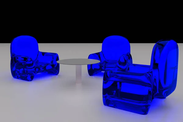 3D-weergave van een futuristische, transparante zithouding en een enkele tabel - gerangschikt op een lichte ondergrond — Stockfoto