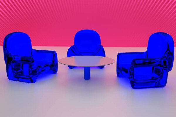 3D rendering of futuristic, transparent seating and a single table - arranged on a light surface