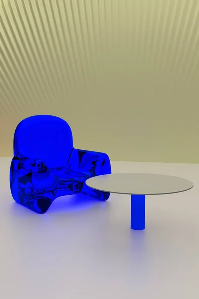 3D rendering of futuristic, transparent seating and a single table - arranged on a light surface