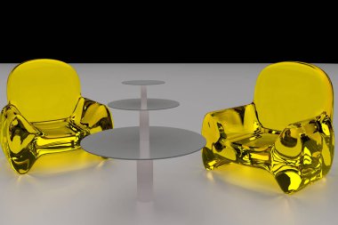 3D render şeffaf oturma ve bir tablo ayakta beyaz bir yüzeye 