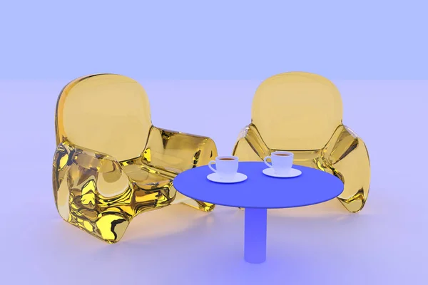 3D rendering transparante zitplaatsen en een tabel staan op een witte ondergrond — Stockfoto
