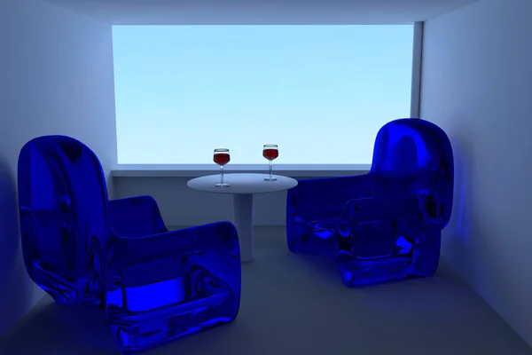 Céu azul e 3D prestação de copos de vinho, uma mesa e assentos azuis — Fotografia de Stock