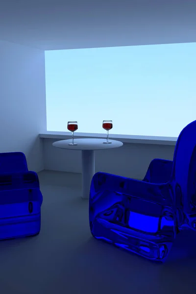Mavi gökyüzü ve şarap, gözlük, bir masa ve mavi seatings 3d render
