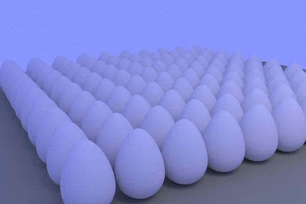 Numerosos huevos blancos en luz ambiente ligeramente azulada — Foto de Stock