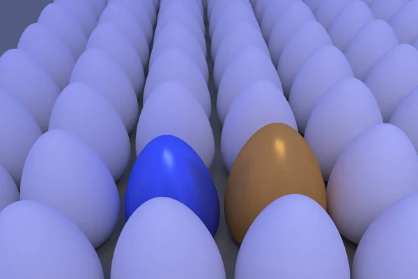 Numerosos ovos em luz ambiente ligeiramente azulada... alguns são diferentes ... — Fotografia de Stock