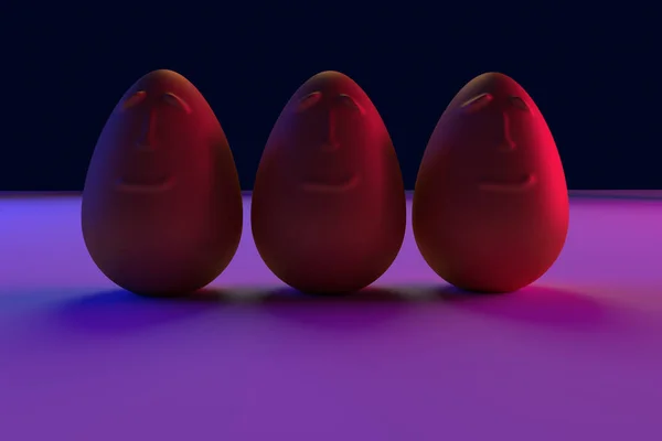 Ouă de aur, aranjate în rânduri, în lumină albastră și roșie: continuați să zâmbiți — Fotografie, imagine de stoc