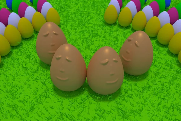 Ovos dourados sorridentes rodeados de ovos coloridos — Fotografia de Stock