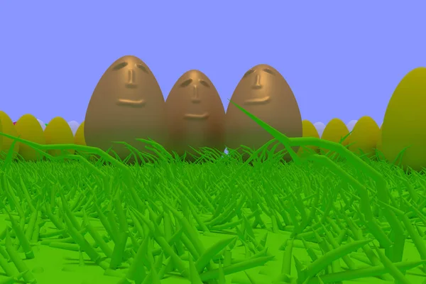 Uśmiechający się złote jaja otoczone kolorowych jaj — Zdjęcie stockowe