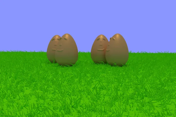 Sonrientes huevos de oro de pie sobre hierba verde — Foto de Stock