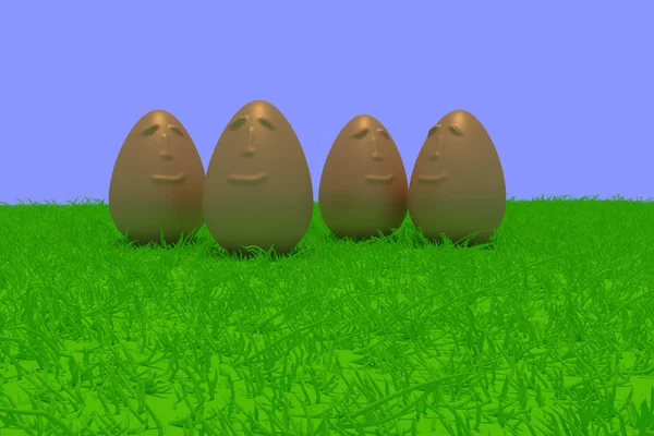 Smiling golden eggs standing on green grass — Stock Photo, Image